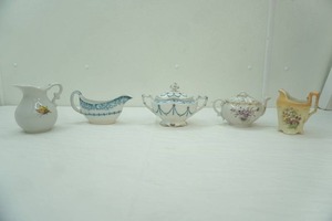 Vintage Hand Painted Creamer, Wedgewood La Normandie Gravy Boat, Vintage Teapot with floral design, pitcher with butterfly, Vintage Flow Blue and white porcelain Tureen serving dish