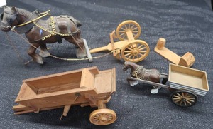VINTAGE WOODEN CARRIGES & HORSE FIGURINES