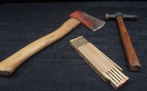 MISC AXE, VINTGAGE HAMMER, AND FOLDABLE YARD STICK