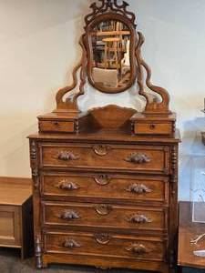 Vintage Wood Dresser with Swivel Wood Framed Mirror 6-drawer