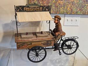 Vintage Handpainted Working Scale Model 1920s Fishmonger Bicycle Cart  Fish Cart