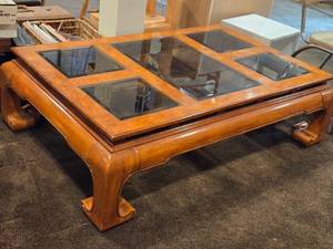Elm Wood Chinese style Coffee Table with (5) Smoked Glass Panel Top