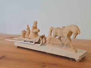 Russian Handcarved Wood Sculpture from Bogorodsk Depicting a Troika Scene with Horse Pulling a Sleigh