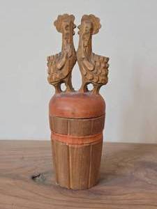 Handcarved Wood lidded Barrel with Roosters On Top