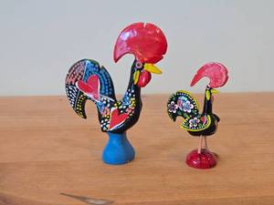 Lot of (2) Handpainted Rooster Figurines (Portugal) - One Wood, One Ceramic