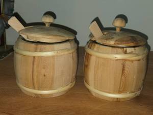 Lot of (2) Wood Honey Pot with Lid and Dipper