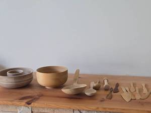 (2) Wooden Bowls and (12) Wood Utensils