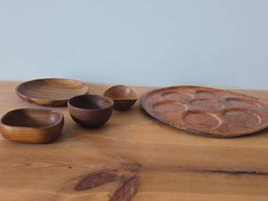 Wood Serving Tray 13D, (3) Small Bowls and (1) Plate 7D