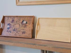 Lot of (2) Wood Serving Trays - (1) Handpainted Scandinavian Art style 20x13, (1) 12x17