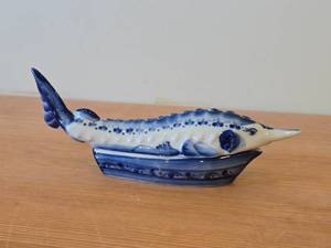 Vintage Gzhel Russian Porcelain Sturgeon Fish shaped Lidded Caviar Serving Bowl - Handpainted Blue Cobalt