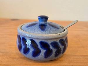 Vintage Salt Glazed Cobalt Lidded Condiment Jar with Spoon