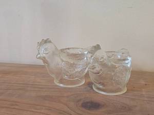 Lot of (2) Vintage WMF Pressed Glass Chicken theme Egg Holders