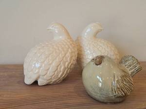 Vintage (2) White Porcelain Partridge Figurines, (1) Ceramic Fat Bird Figurine