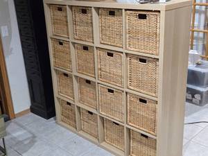 Ikea Wood Cube Organizer with (16) Pull-Out Wicker Baskets