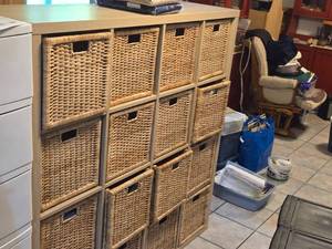 Ikea Wood Cube Organizer with (16) Pull-Out Wicker Baskets