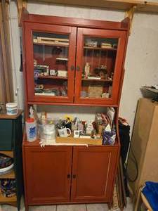 Red Wood Hutch with Glass Doors  3-shelves (top) and Storage Doors  4-shelves  (bottom)