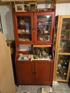 Red Wood Hutch with Glass Doors  3-shelves (top) and Storage Doors  4-shelves  (bottom)