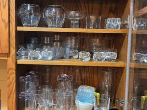 Lot of (1 Cupboard) Glassware - Bowls, Water Glasses, Pitchers, Serving Bowls, Vases, Candleholders
