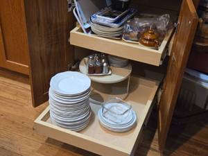 Lot of (1 Cupboard) Plates, Trays, Serving Trays, Lazy Susan, Shakers,