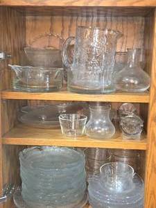 Lot of (1 Cupboard) Clear Glassware - Glasses, Pitchers, Plates, Bowls, Serving Bowls