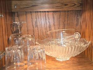 Lot of (1 Cupboard) Clear Glassware - Glasses, Stem Glass, Punch Bowl, Bowls