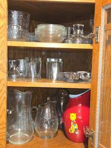 Lot of (1 Cupboard) Glasses, Wine Glasses, Bowls, Assorted Pitchers, Serving Bowls
