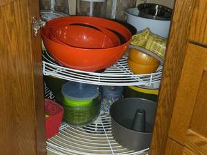 Lot of (1 Cupboard) Serving Bowls, Cake Molds, Measuring Cups, Pitchers, Assorted Containers