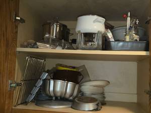 Lot of (1 Cupboard) Cake Molds, Oven Rack, Large Rolling Pin, Pans and Fondue Warmers