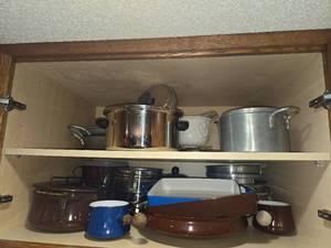 Lot of (1 Cupboard) Pots, Pans, Cups (assorted)