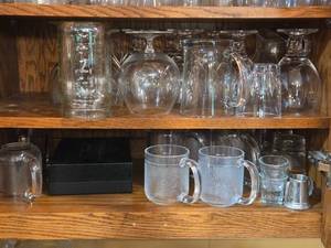 Lot of (2 Shelves) Wine Glasses, Brandy Glasses, Beer Glasses and Tumbler Glasses