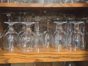 Lot of (1 Shelf) Wine Glasses, Brandy Glasses, Pilsner Glasses