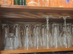 Lot of (1 Shelf) Pilsner Glasses, Stem Glasses, Clear Glass Cloche