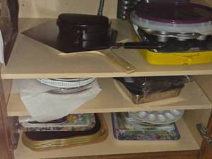 Lot of (1 Cupboard) Trays, Pans, Pizza Board, Deviled Egg Pan