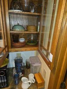 Lot of (1 Counter  1 Cupboard) Plates, Measuring Cups, Pitchers, Cups, Storage Containers
