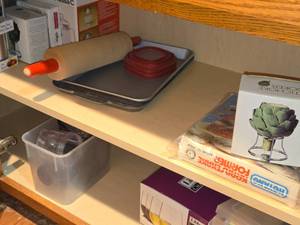 Lot of (1 Cupboard) Cookware - Baking Sheets, Rolling Pin, Artichoke Cooker, Olive Oil Sprayer, Krups Pressa C, Napkins, Libby Charisma Brandy Snifters, Pans (assorted)