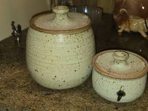Lot of (2) Ceramic Lidded Jars (signed on bottom)