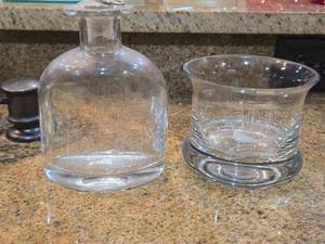 Lot of (2) Clear Glass Etched Ship Design Glassware - Decanter and Dish