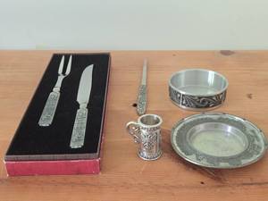 Pewter Collectibles - Letter Opener, Serving Utensils, Bowl with Rosemaling, Souvenir Plate, Mini Beer Stein