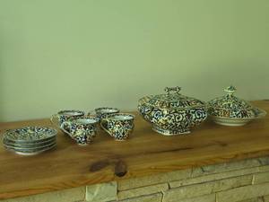Royal Vienna RB Austria Porcelain - Covered Tureen, Lidded Tureen, (4) Tea Cups and (4) Saucers