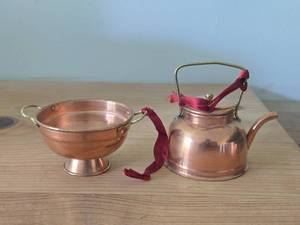 Lot of (2) Copper Miniatures - Tea Pot, Colander (Italy)