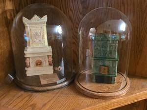 Lot of (2) Clear Glass Dome Displays with Tile Stove Miniatures