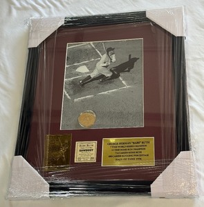 Babe Ruth Custom Framed Baseball Piece w Game Used Bat Saw Dust and COA, Gold Card, and Custom Plaque
