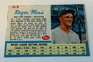 Roger Maris 1962 Post #6 Vintage Baseball Card