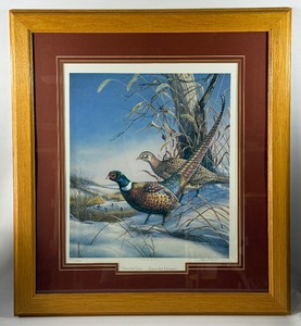Herb Brooks Autographed James Meger Print Uninvited Guests - Ringnecked Pheasants Framed and Matted w COA Paperwork - LIMITED EDITION (1 of 4 Posted In This Auction)