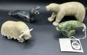 Hand Made Canadian Inuk Eskimo SoapStone Art Animals - Polar Bear,Yak , Loon and Whale