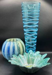 Beautiful Blue Handblown Glass Collection of Venetian Glass Vase 15.75, Striped Rose Bowl 6 H and Turkish Luster Glass Bowl 9 W