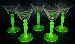 Vintage Green Uranium Glass Flower Etched Braided Stem Cocktail Glasses -Set of 5