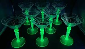 Vintage Green Uranium Glass Flower Etched Braided Stem ChampagneTall Sherbet Glasses -Set of 8 - 5.75 H