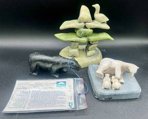 Hand Sculpted Inuit Eskimo Native American & Ultima Thula Greenland Carving of Bears and Stacked Stone with Jade and Nephrite