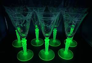 Uranium Glass Floral Etched Tall Wine Glasses - Set of 7